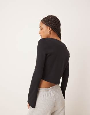Asos Design Ribbed Long Sleeve Crop Top With Trim Detail In Black