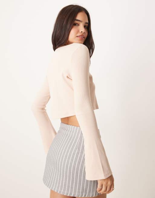 ASOS DESIGN ribbed long sleeve crop top with trim detail in pink, 3 of 4