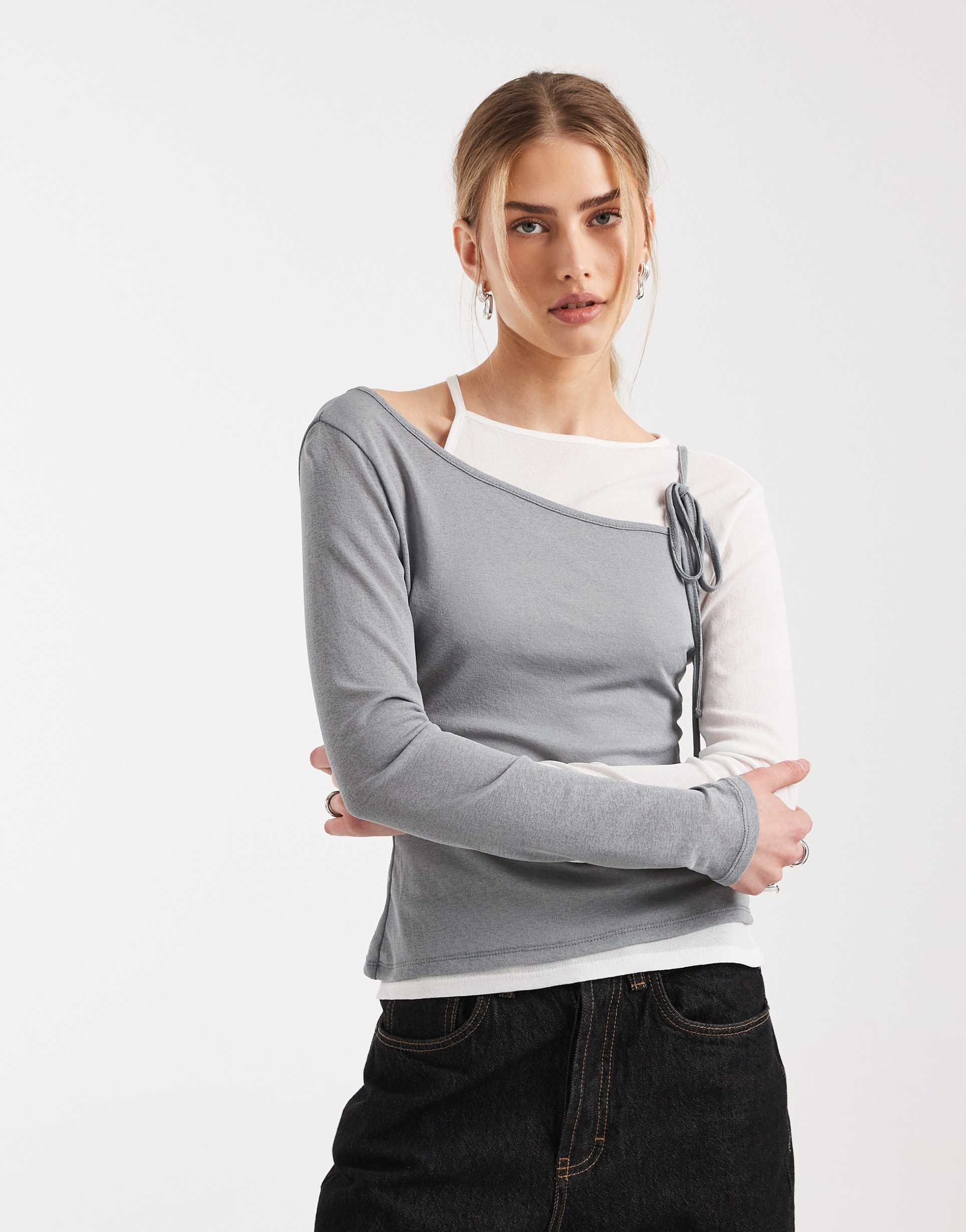 asos design ribbed long sleeve double layer top with tie details in cream and gray
