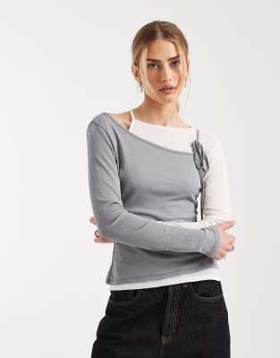 Asos Design Ribbed Long Sleeve Double Layer Top With Tie Details In Gray