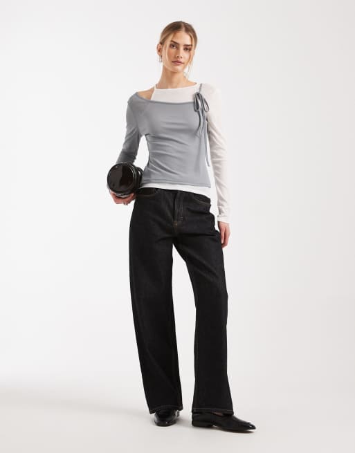 ASOS DESIGN ribbed long sleeve double layer top with tie details in cream and grey, 2 of 4