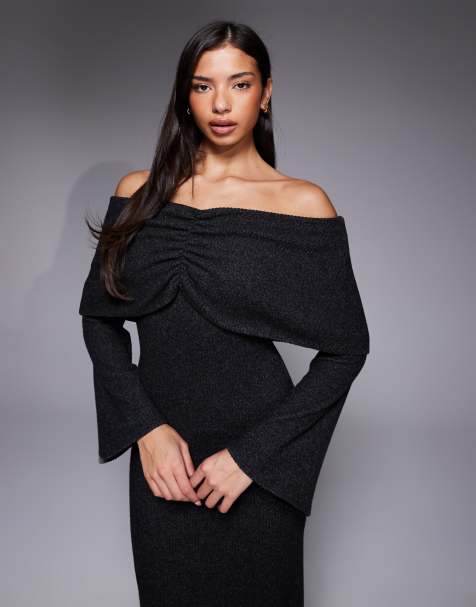 ASOS DESIGN ribbed long sleeve fold over bardot maxi dress in charcoal - view 1