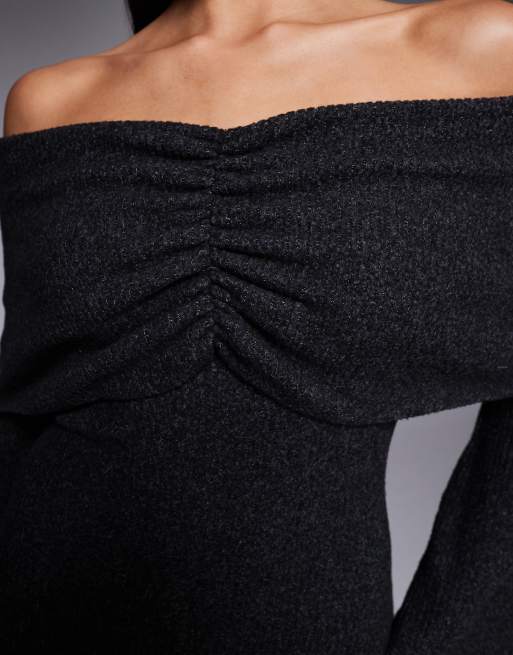 ASOS DESIGN ribbed long sleeve fold over bardot maxi dress in charcoal, 3 of 4