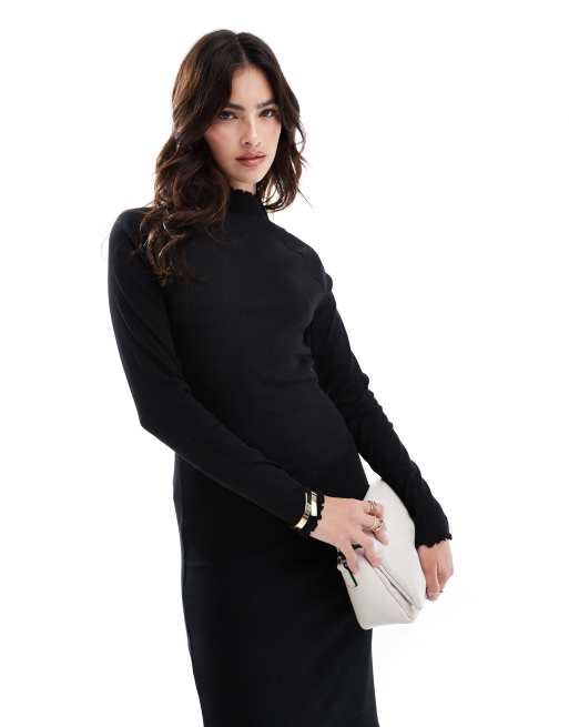 ASOS DESIGN ribbed long sleeve high neck batwing maxi dress in black