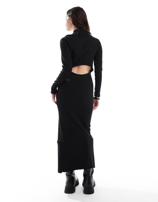ASOS DESIGN ribbed long sleeve high neck batwing maxi dress in black
