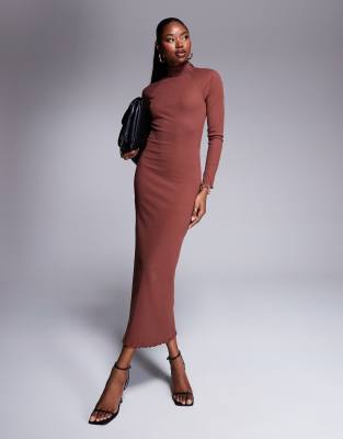 ASOS DESIGN ribbed long sleeve high neck batwing maxi dress in brown-Red