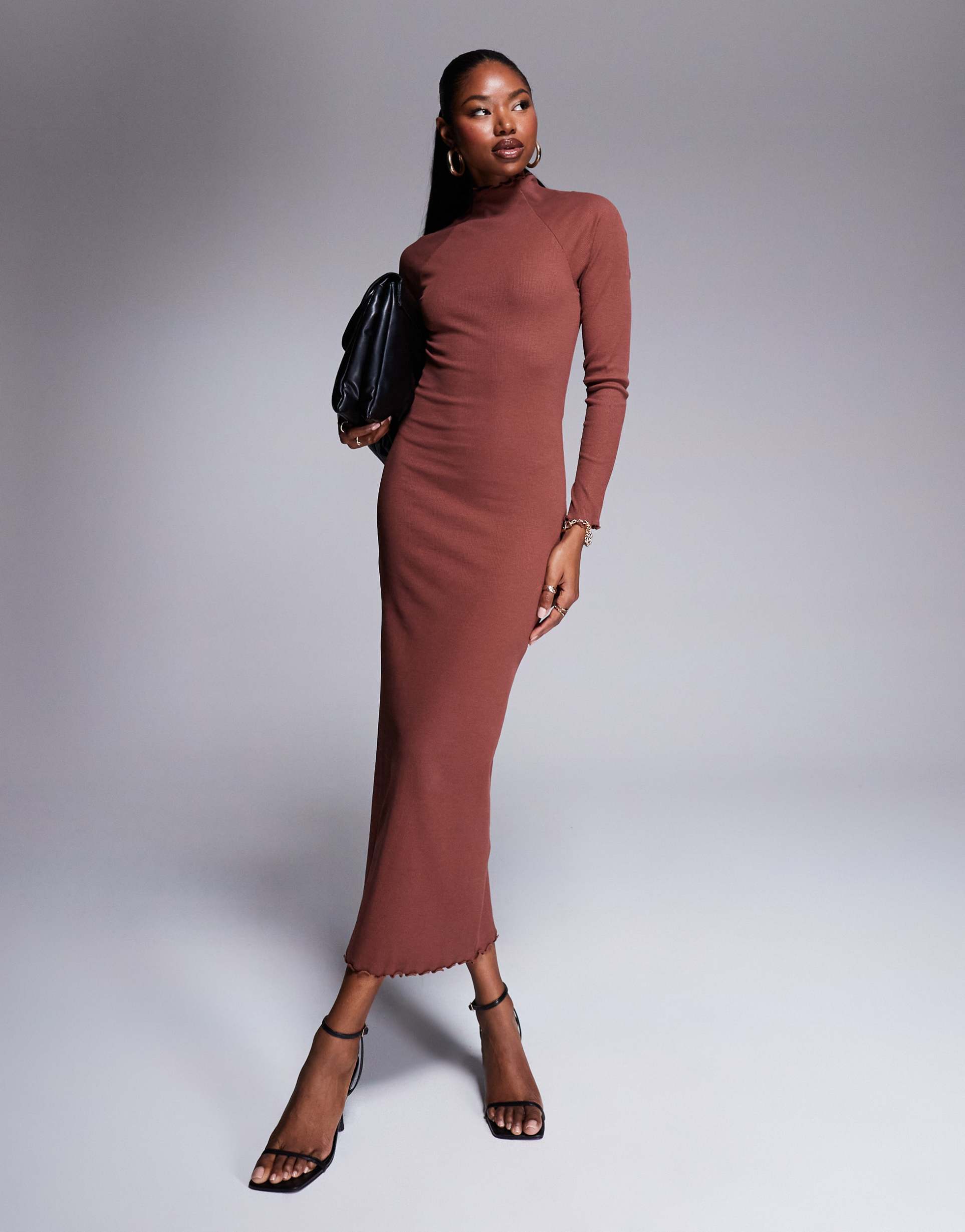 asos design ribbed long sleeve high neck batwing maxi dress in brown