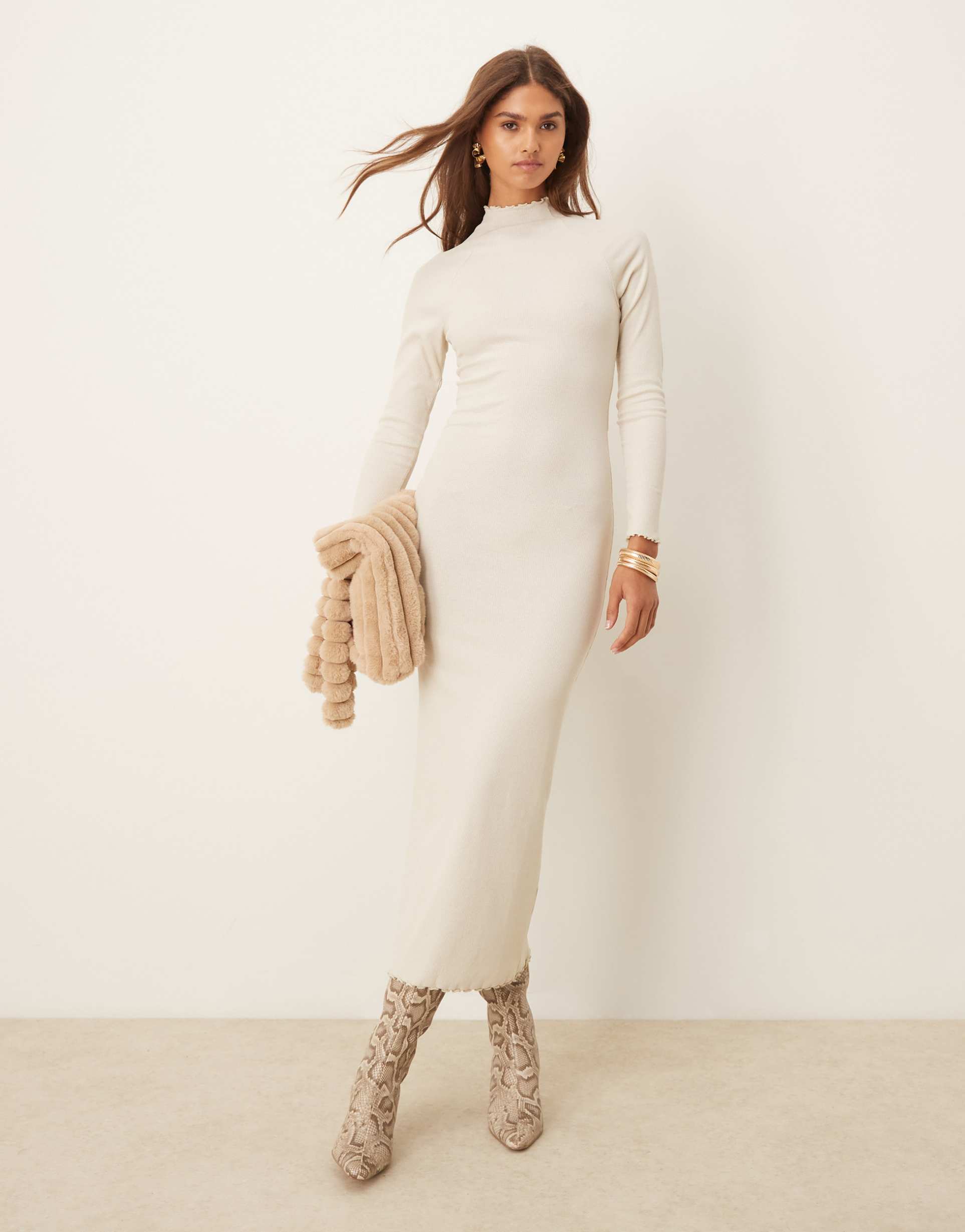 asos design ribbed long sleeve high neck batwing maxi dress in oatmeal