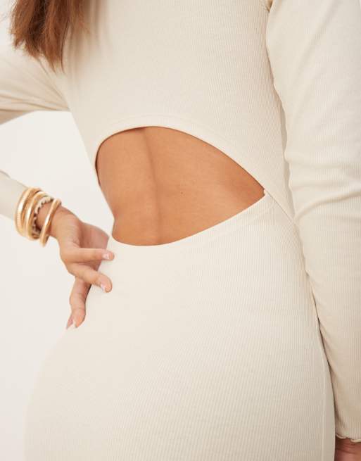 ASOS DESIGN ribbed long sleeve high neck batwing maxi dress in oatmeal