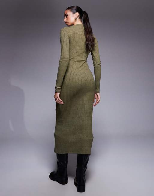 ASOS DESIGN ribbed long sleeve high neck tie front midi dress in khaki, 3 of 4