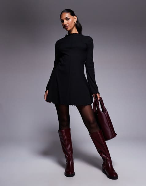 ASOS DESIGN ribbed long sleeve lettuce hem mini dress in black - view 1