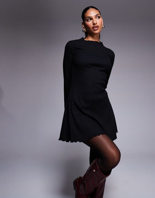 ASOS DESIGN ribbed long sleeve lettuce hem mini dress in black