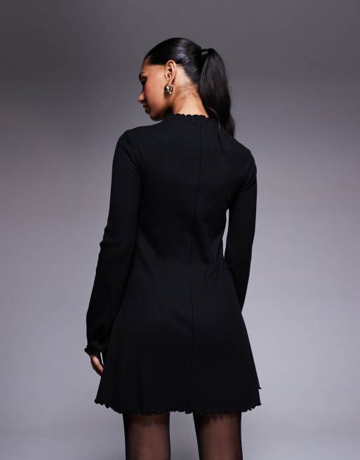 ASOS DESIGN ribbed long sleeve lettuce hem mini dress in black