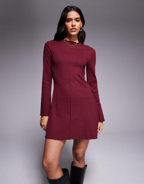 ASOS DESIGN ribbed long sleeve lettuce hem mini dress in burgundy - view 1