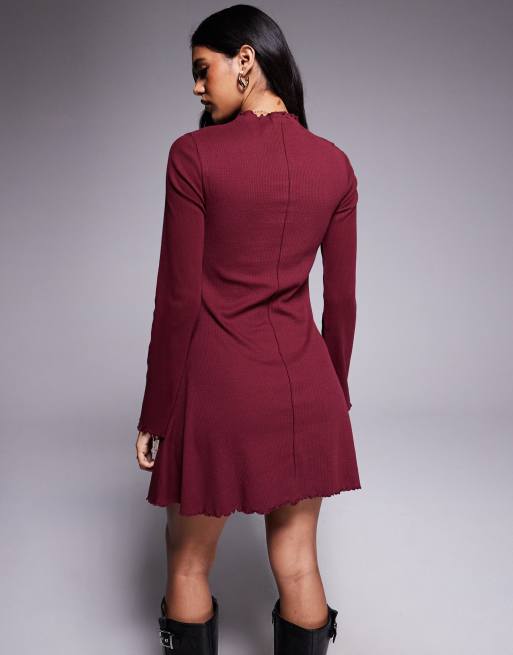 ASOS DESIGN ribbed long sleeve lettuce hem mini dress in burgundy, 3 of 4