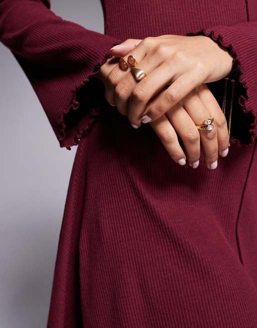 ASOS DESIGN ribbed long sleeve lettuce hem mini dress in burgundy
