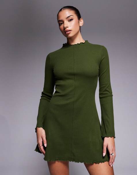 ASOS DESIGN ribbed long sleeve lettuce hem mini dress in khaki - view 1
