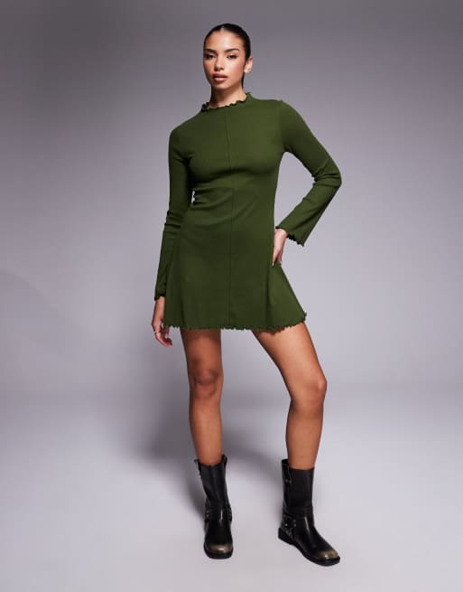 ASOS DESIGN ribbed long sleeve lettuce hem mini dress in khaki, 4 of 4
