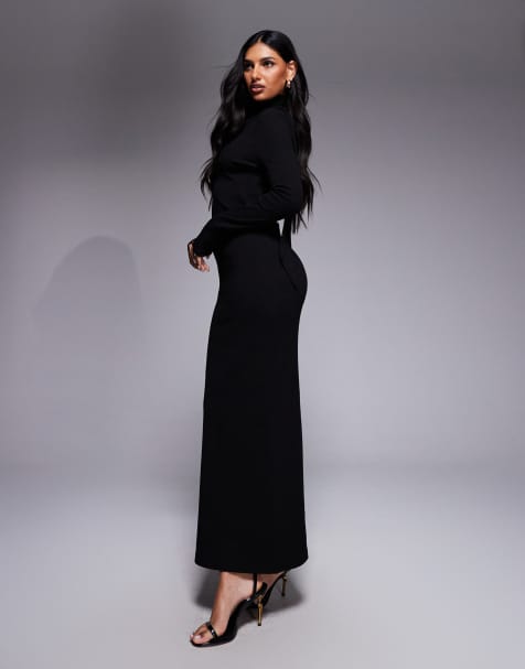 ASOS DESIGN ribbed long sleeve maxi dress with scarf detail in black - view 1