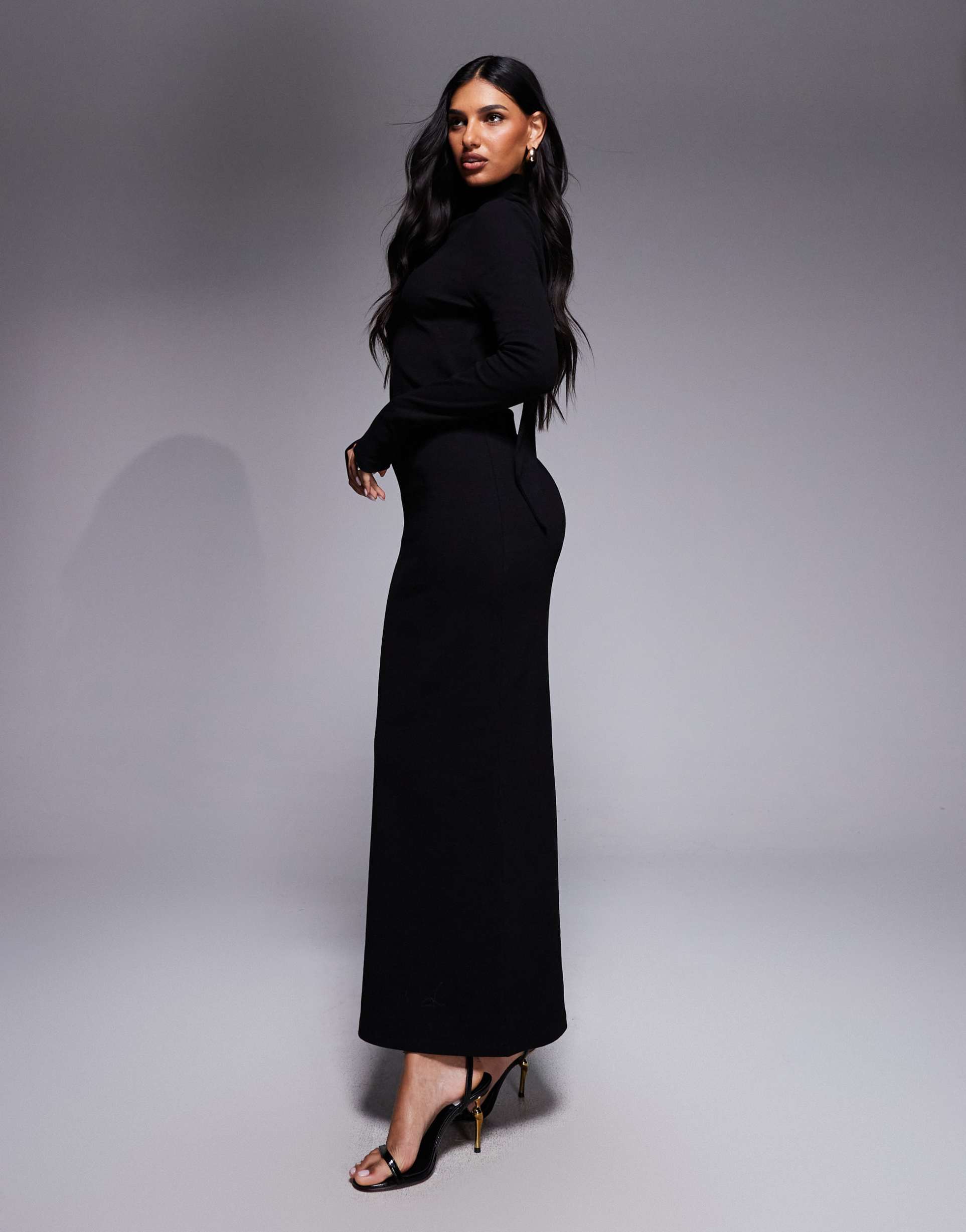 asos design ribbed long sleeve maxi dress with scarf detail in black