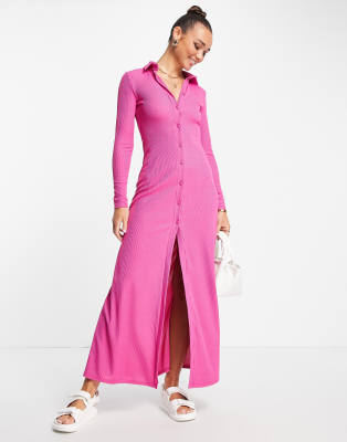 Asos Design Ribbed Long Sleeve Maxi Shirt Dress In Bright Pink