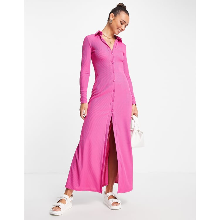 ASOS DESIGN ribbed long sleeve maxi shirt dress in bright pink