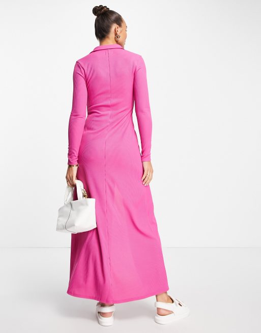 ASOS DESIGN ribbed long sleeve maxi shirt dress in bright pink