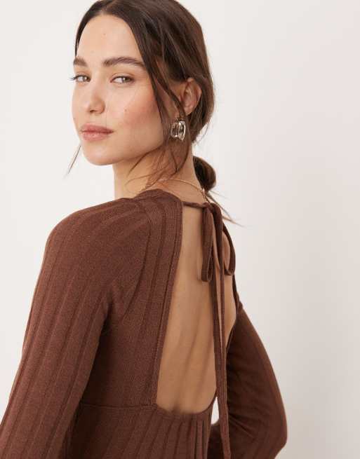 ASOS DESIGN ribbed long sleeve open back maxi dress in brown | ASOS