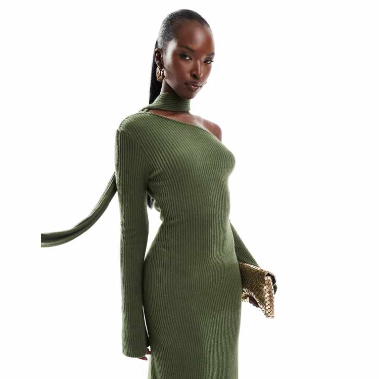 ASOS DESIGN ribbed long sleeve scarf detail maxi dress with