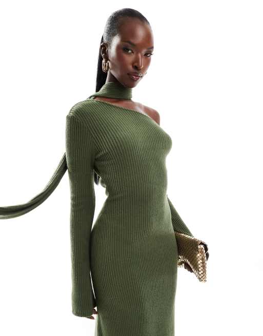 ASOS DESIGN ribbed long sleeve scarf detail maxi dress with asymmetric neckline in green