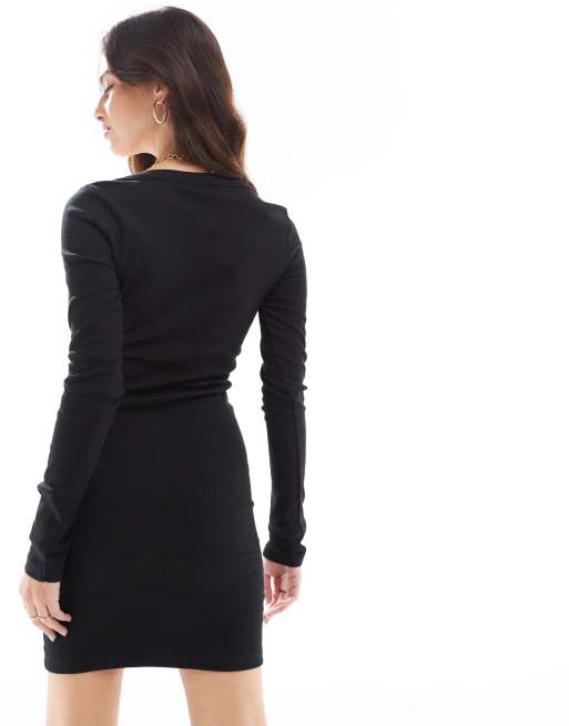 Basic Black Ribbed Long Sleeve Bodycon Dress