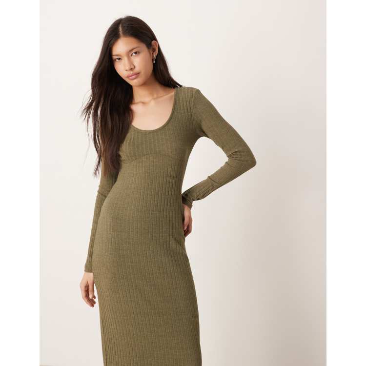 olive ribbed midi dress Olive Ribbed Short Sleeve Side Slit Midi Dress