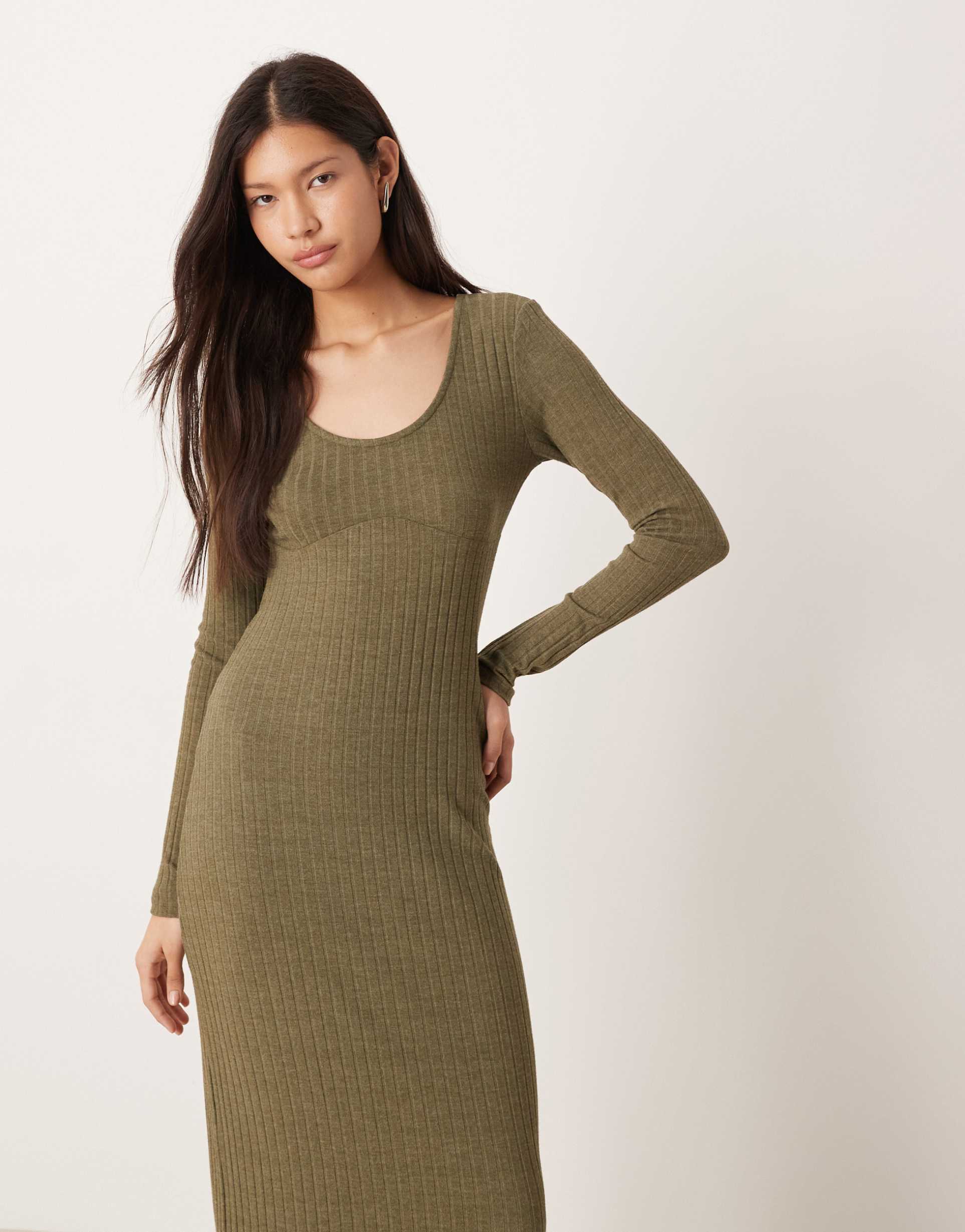asos design ribbed long sleeve scoop with under bust seam detail midi dress in olive