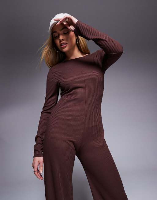 ASOS DESIGN ribbed long sleeve seam detail wide leg jumpsuit in brown