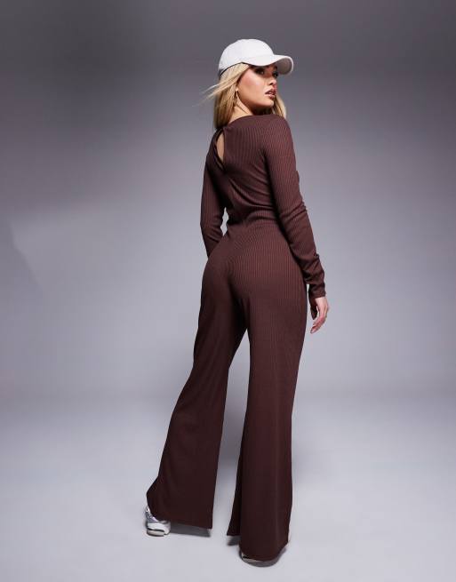 ASOS DESIGN ribbed long sleeve seam detail wide leg jumpsuit in brown
