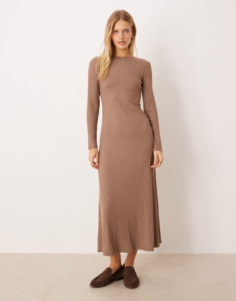ASOS DESIGN ribbed long sleeve seam detailing maxi dress in light brown - view 1