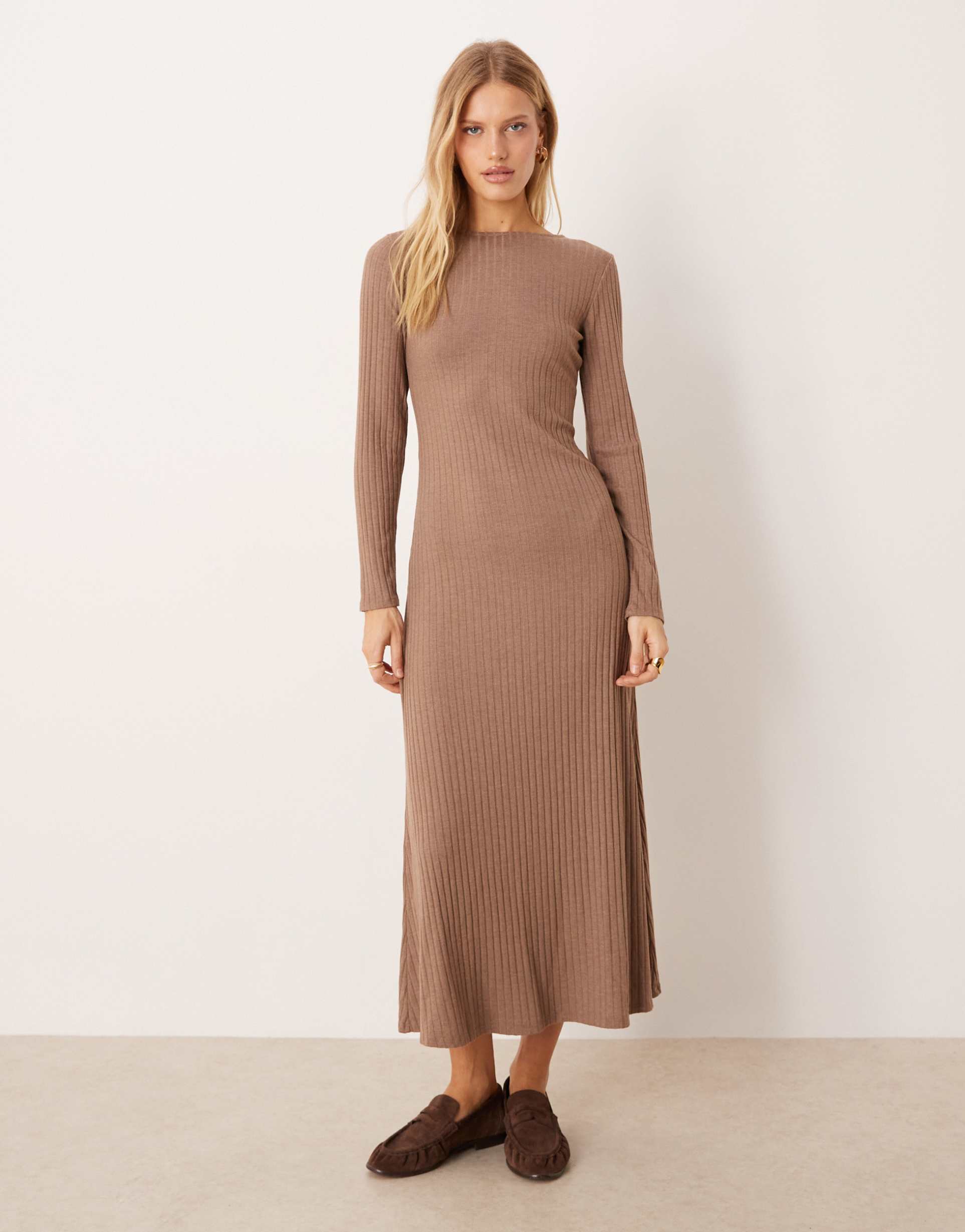 asos design ribbed long sleeve seam detailing maxi dress in light brown