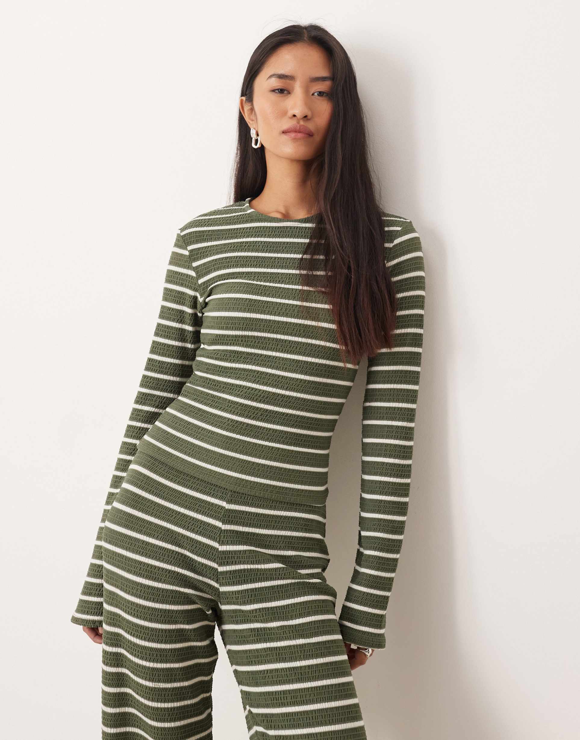 asos design ribbed long sleeve shrunken tee in khaki-green stripes - part of a set