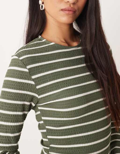 ASOS DESIGN ribbed long sleeve shrunken tee in khaki-green stripes - part of a set, 3 of 4