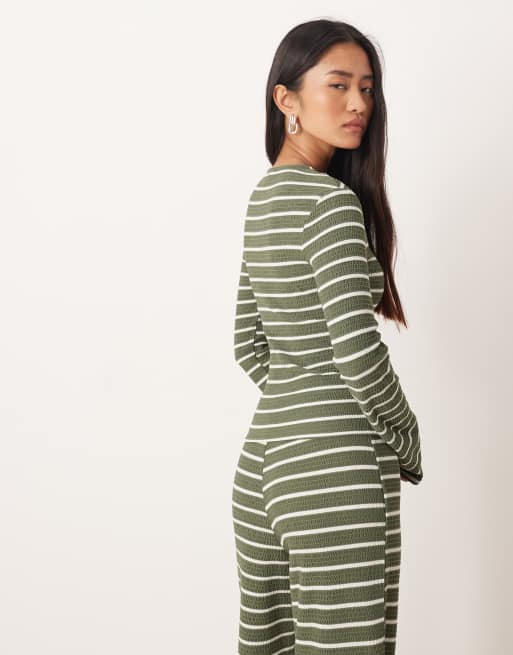 ASOS DESIGN ribbed long sleeve shrunken tee in khaki-green stripes - part of a set, 4 of 4