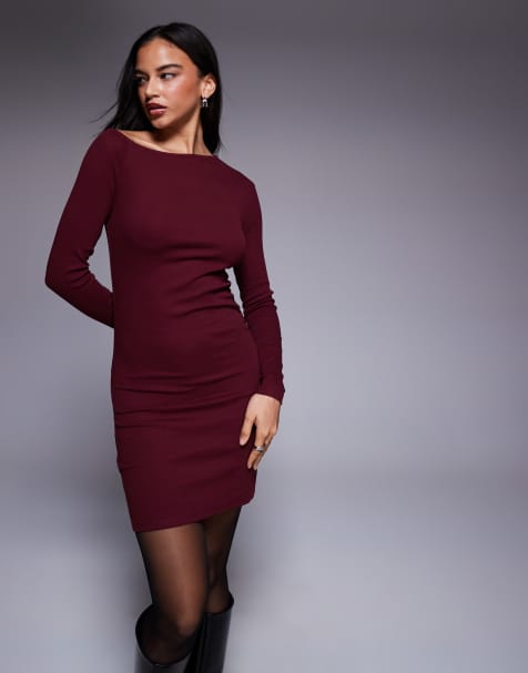 ASOS DESIGN ribbed long sleeve split front mini dress in burgundy