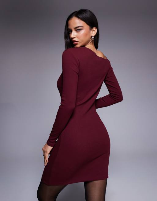 ASOS DESIGN ribbed long sleeve split front mini dress in burgundy, 4 of 4