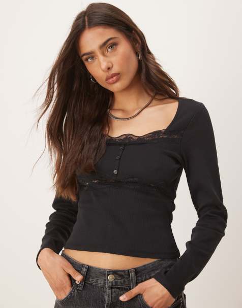 ASOS DESIGN ribbed long sleeve top with lace and button detail in black - view 1
