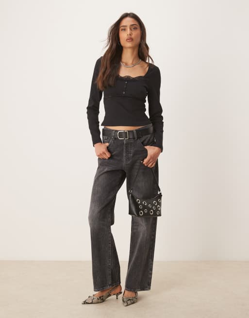 ASOS DESIGN ribbed long sleeve top with lace and button detail in black, 3 of 4