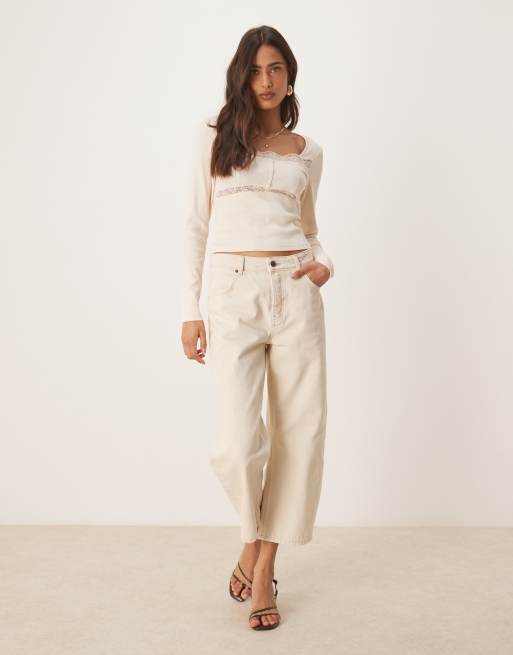 ASOS DESIGN ribbed long sleeve top with lace and button detail in cream, 3 of 4