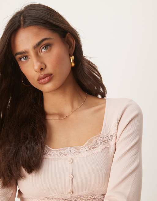 ASOS DESIGN ribbed long sleeve top with lace and button detail in pink, 3 of 4