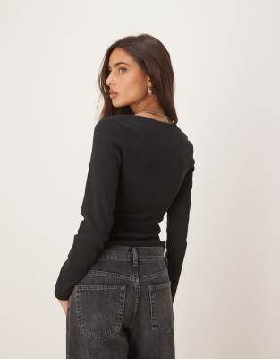 Asos Design Ribbed Long Sleeve Top With Lace And Button Details In Black