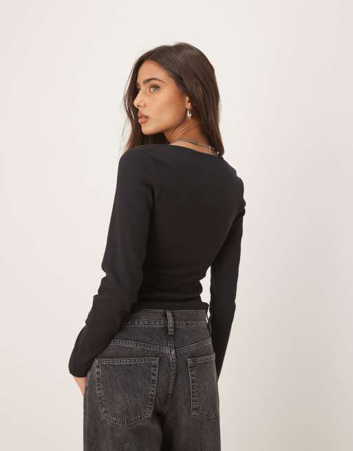 ASOS DESIGN ribbed long sleeve top with lace and button details in black