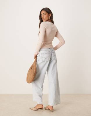 Asos Design Ribbed Long Sleeve Top With Lace And Button Details In Pink