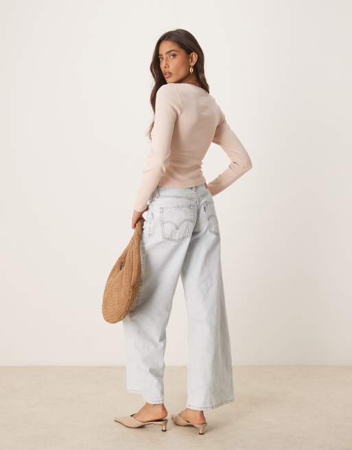 ASOS DESIGN ribbed long sleeve top with lace and button details in pink